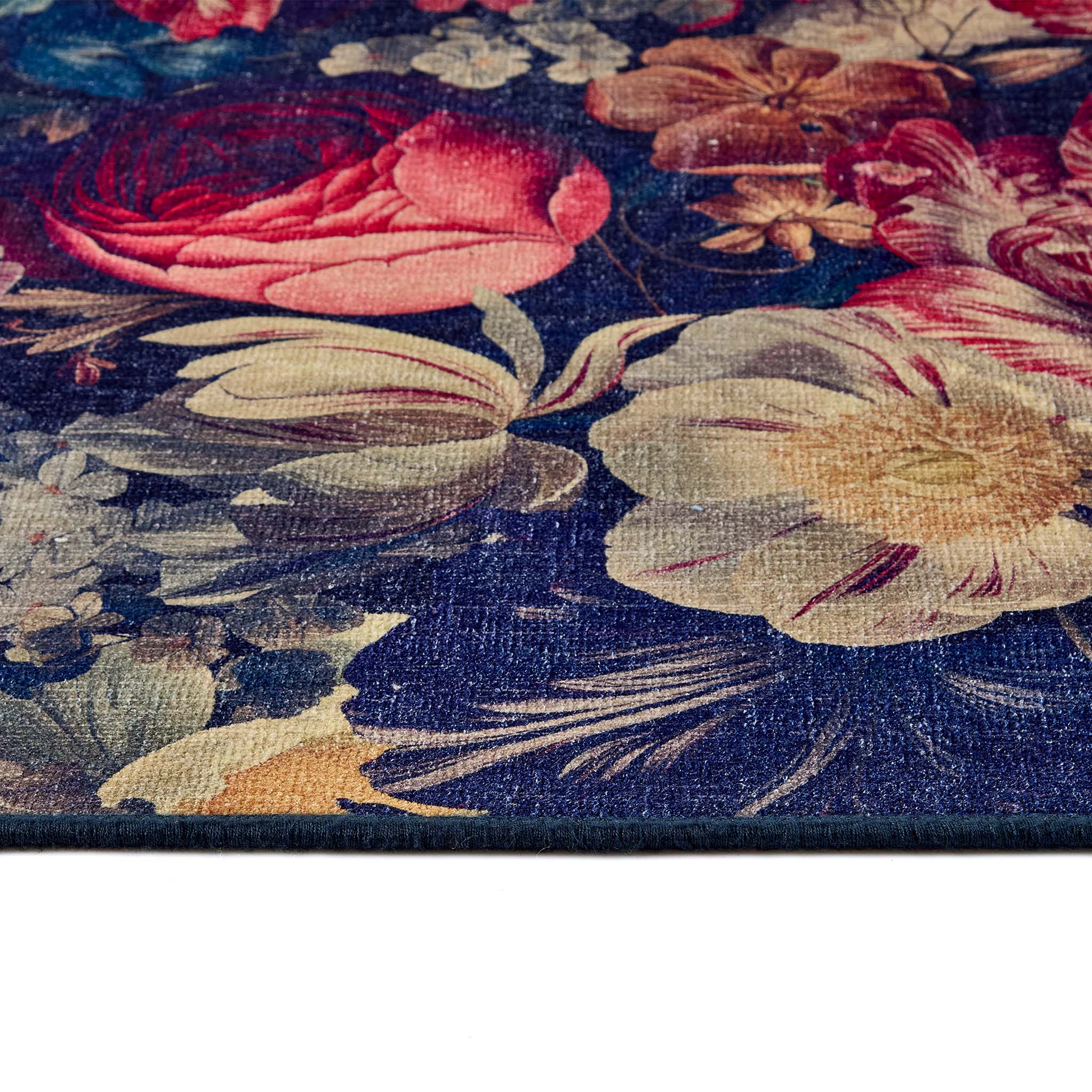 Dark Florals Eco-Washable Rug Runner- 100% recycled material runner featuring floral blooms.