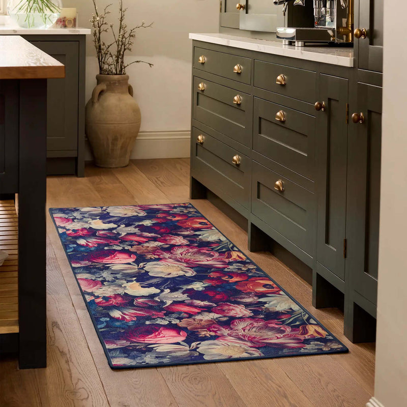 Dark Florals Eco-Washable Rug Runner- 100% recycled material runner featuring floral blooms.