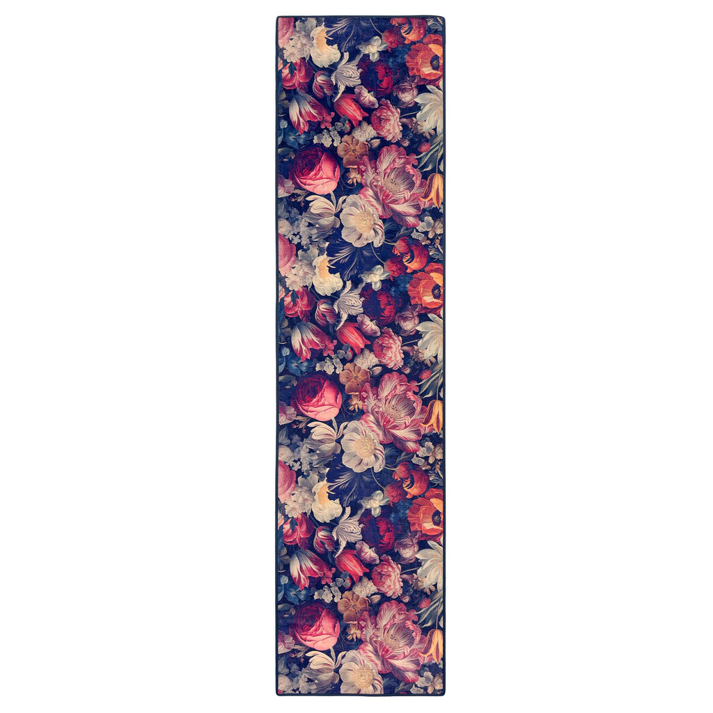 Dark Florals Eco-Washable Rug Runner- 100% recycled material runner featuring floral blooms.