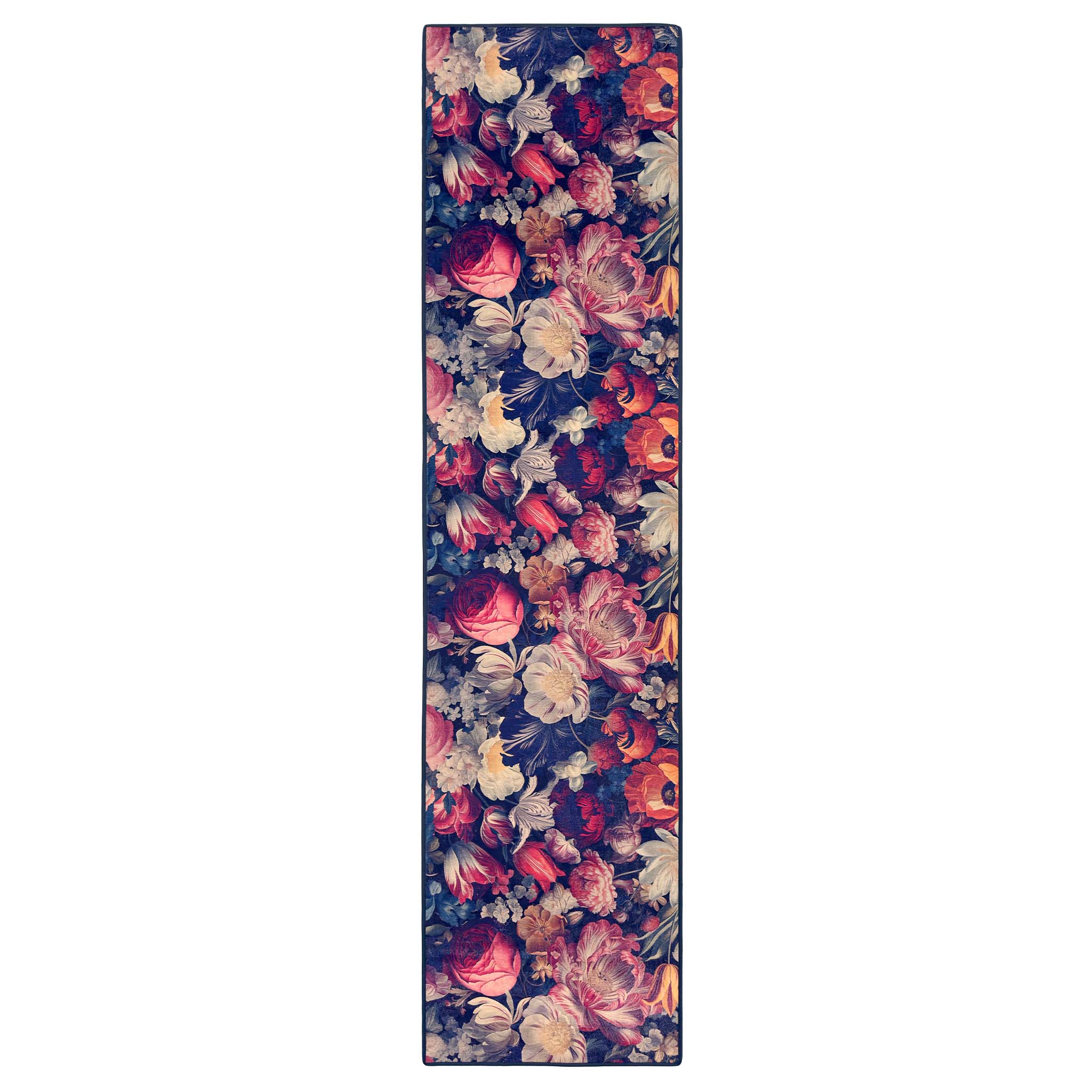 Dark Florals Eco-Washable Rug Runner- 100% recycled material runner featuring floral blooms.