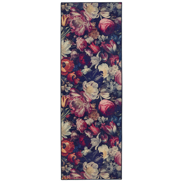 Dark Florals Eco-Washable Rug Runner- 100% recycled material runner featuring floral blooms.