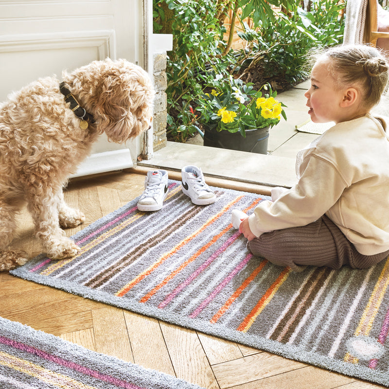 Designer 13 Stripe Washable Doormat with  a stripe design, styled in a doorway.