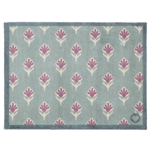 Disty Floral Green Doormat- 100% recycled cotton doormat featuring a woodblock pattern of purple flowers.