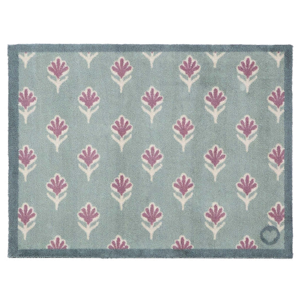 Disty Floral Green Doormat- 100% recycled cotton doormat featuring a woodblock pattern of purple flowers.