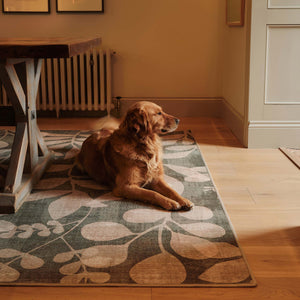 Eden Leaves Green Eco-Washable Rug- 100% recycled content rug with a beige floral design. Non-slip, durable and perfect for all areas of the home.