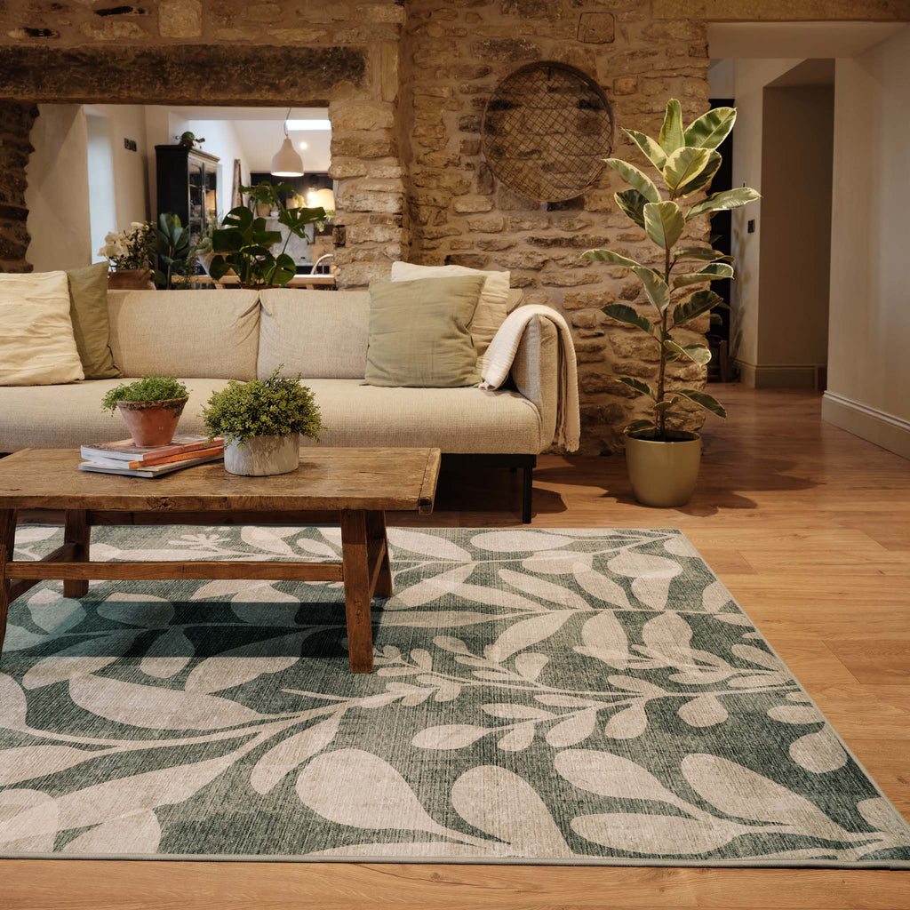 Eden Leaves Green Eco-Washable Rug- 100% recycled content rug with a beige floral design. Non-slip, durable and perfect for all areas of the home.