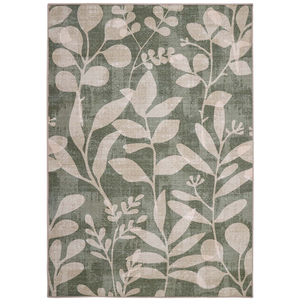Eden Leaves Green Eco- Washable Rug- 100% recycled content rug featuring a white floral pattern against a green background.