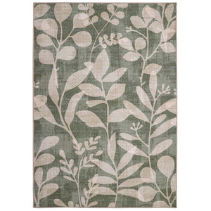 Eden Leaves Green Eco- Washable Rug- 100% recycled content rug featuring a white floral pattern against a green background.