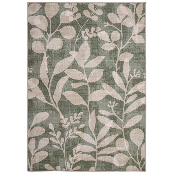 Eden Leaves Green Eco- Washable Rug- 100% recycled content rug featuring a white floral pattern against a green background.