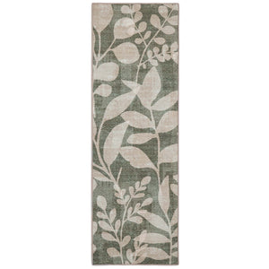 Eden Leaves Green Eco-Washable Runner- 100% recycled content runner featuring a white floral pattern against a green background.