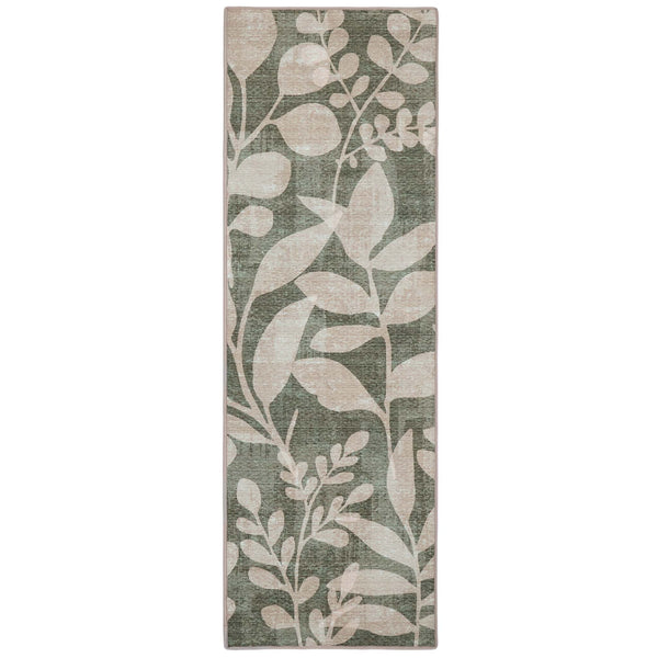 Eden Leaves Green Eco-Washable Runner- 100% recycled content runner featuring a white floral pattern against a green background.