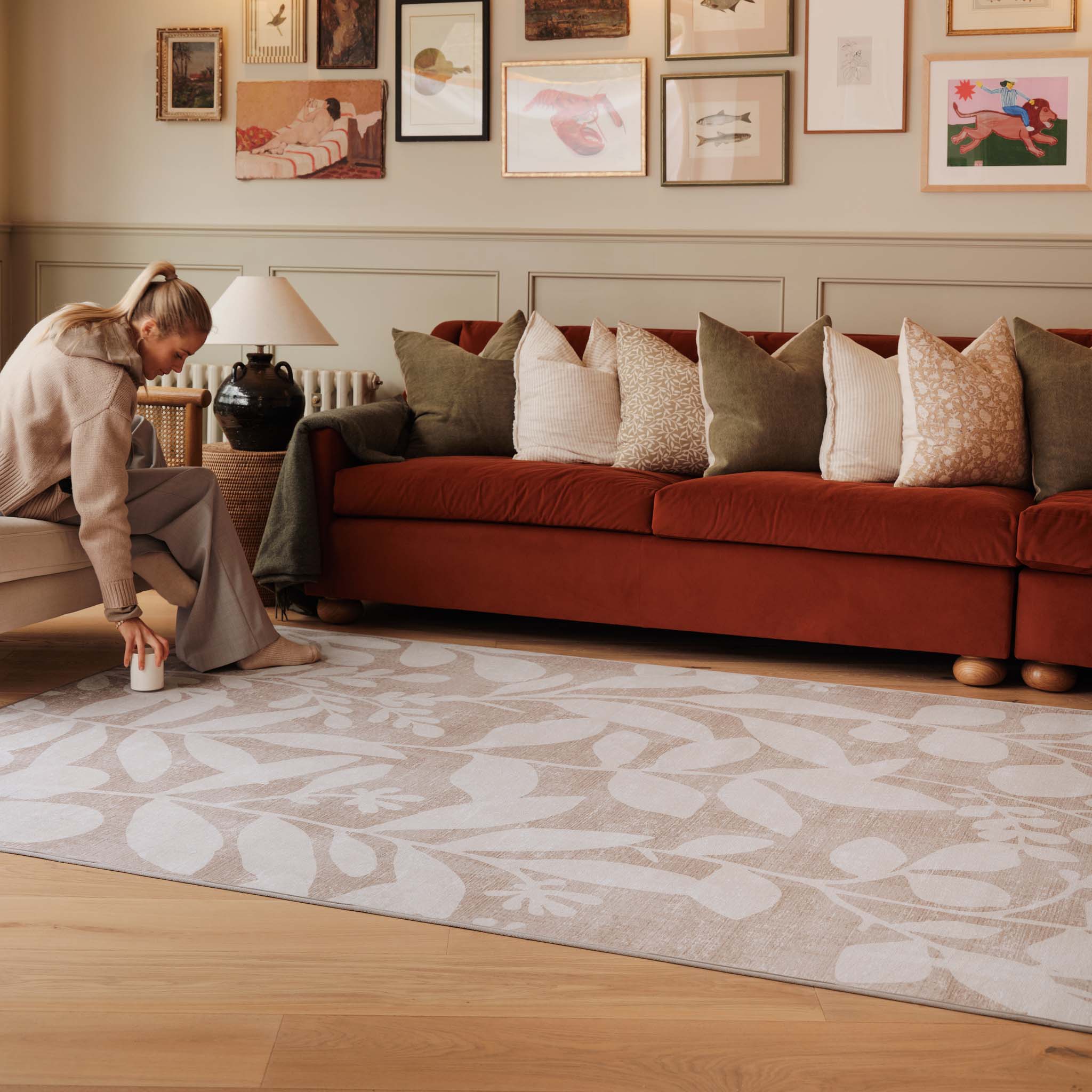 Eden Leaves Natural Eco-Washable Rug- 100% recycled polyester rug featuring a white floral pattern.