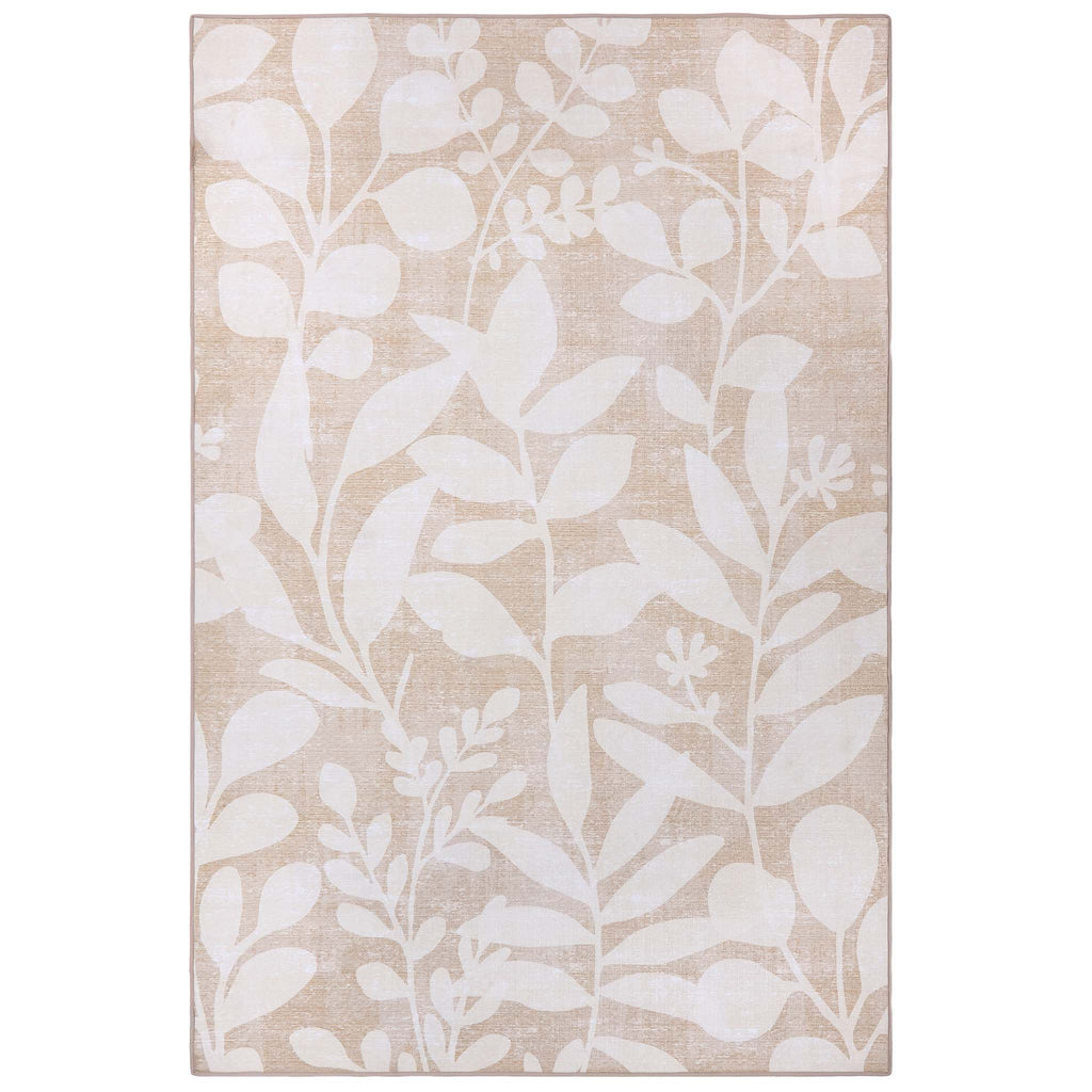 Eden Leaves Natural Eco-Washable Rug- 100% recycled polyester rug featuring a white floral pattern.