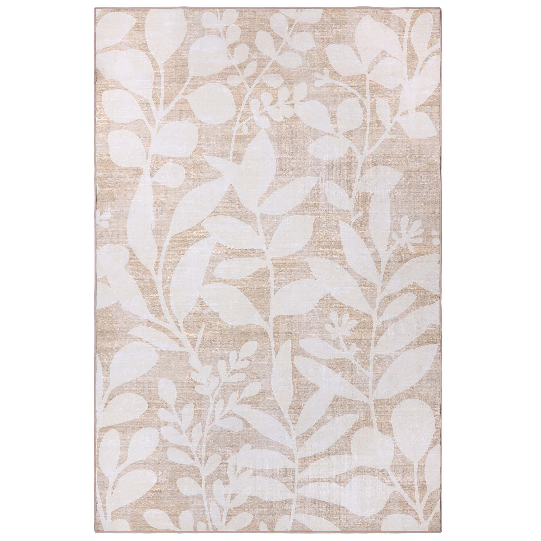 Eden Leaves Natural Eco-Washable Rug- 100% recycled polyester rug featuring a white floral pattern.