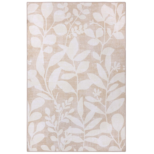 Eden Leaves Natural Eco-Washable Rug- 100% recycled polyester rug featuring a white floral pattern.