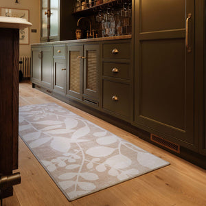 Eden Leaves Natural Eco-Washable Runner- 100% recycled polyester runner featuring a white floral pattern.