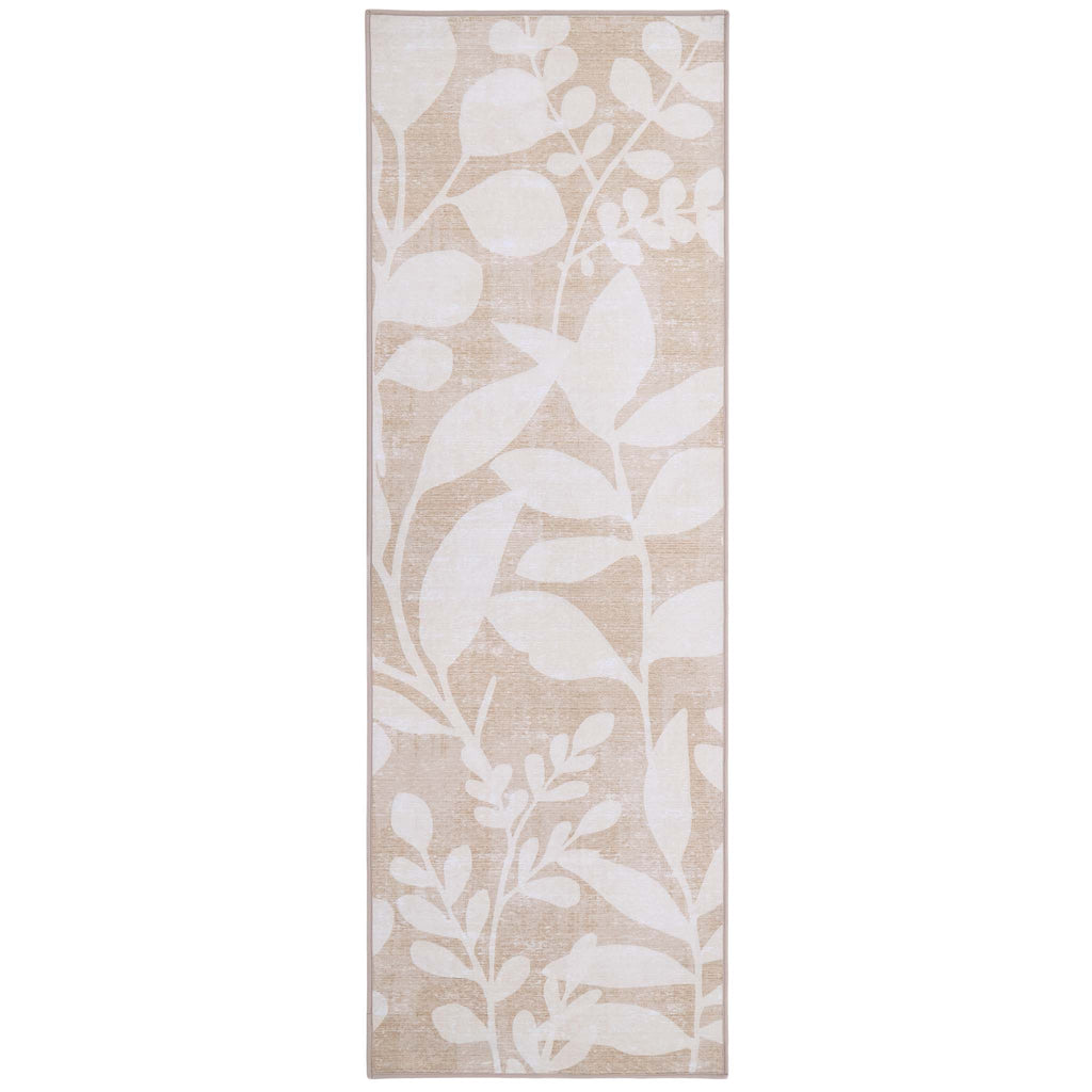 Eden Leaves Natural Eco-Washable Runner- 100% recycled polyester runner featuring a white floral pattern.