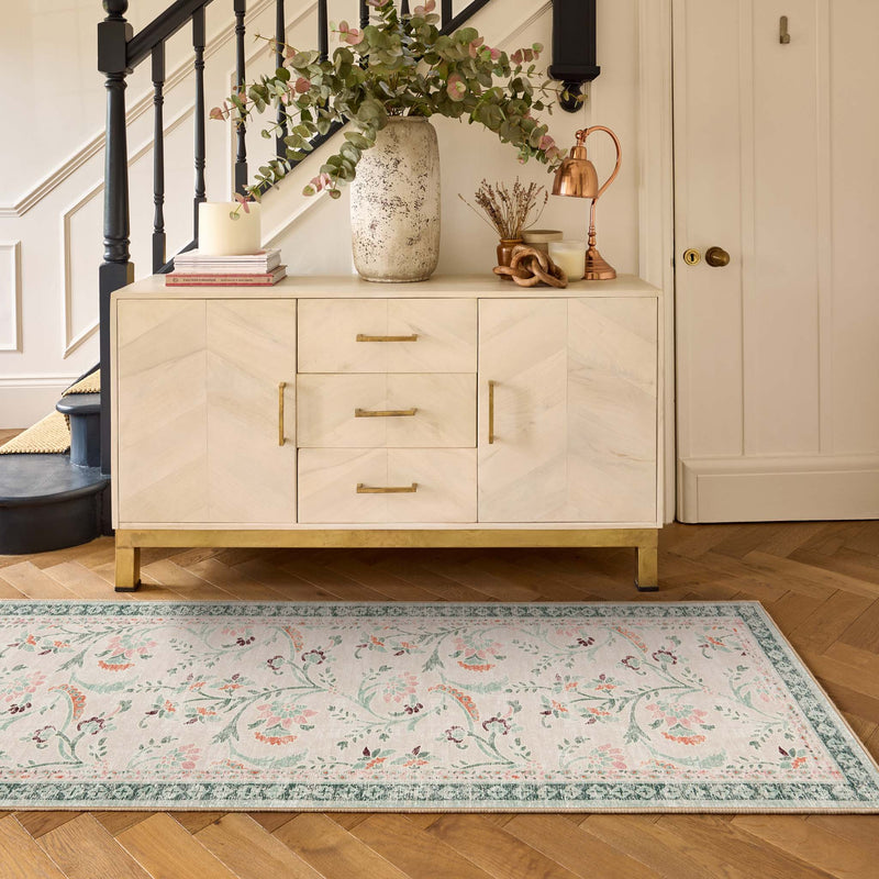 English Floral Eco-Washable Runner with a floral design, styled by the stairs.