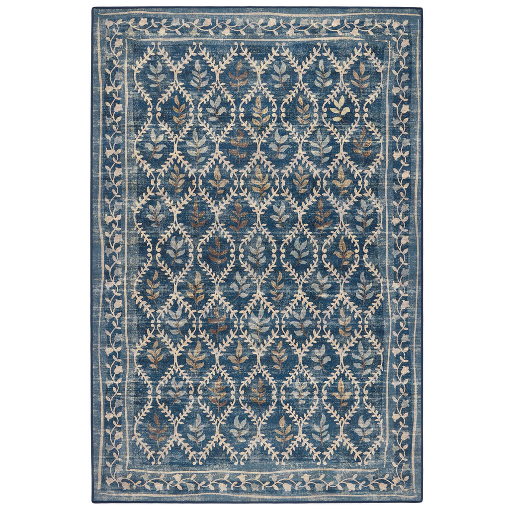 A rectangular area rug with a traditional ikat-style pattern in shades of blue, beige, and muted brown, shown flat against a white background.