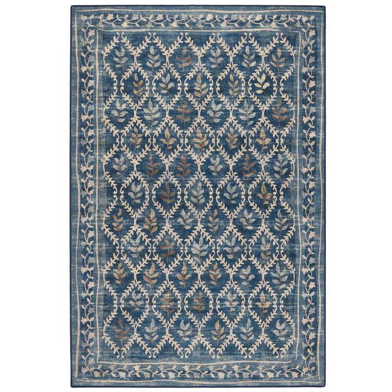 A rectangular area rug with a traditional ikat-style pattern in shades of blue, beige, and muted brown, shown flat against a white background.