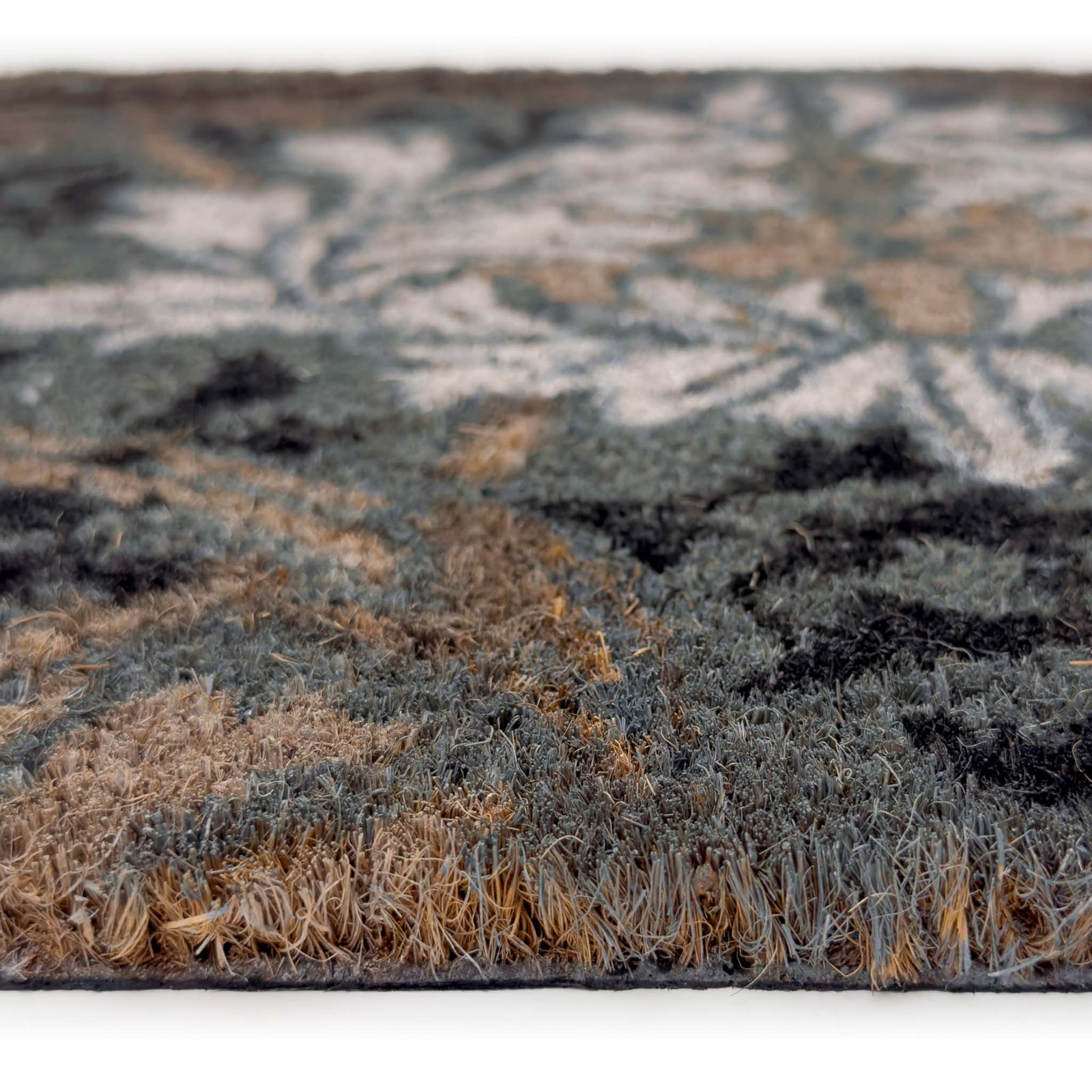 English Garden Coir Doormat - a 100% recycled material coir doormat featuring a classic grey floral pattern.