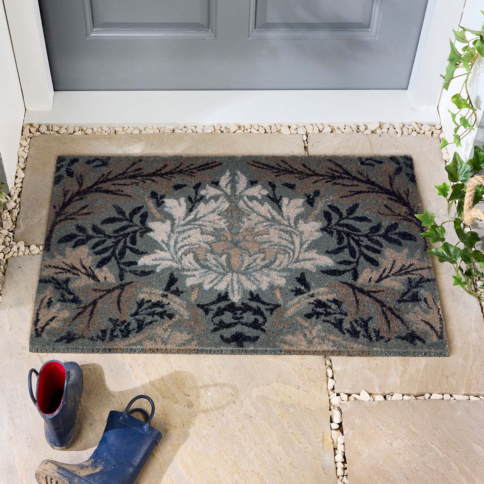 English Garden Coir Doormat - a 100% recycled material coir doormat featuring a classic grey floral pattern.