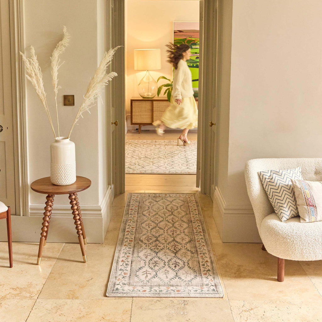 English Garden Eco-Washable Rug Runner- 100% recycled content runner featuring a vintage floral pattern.