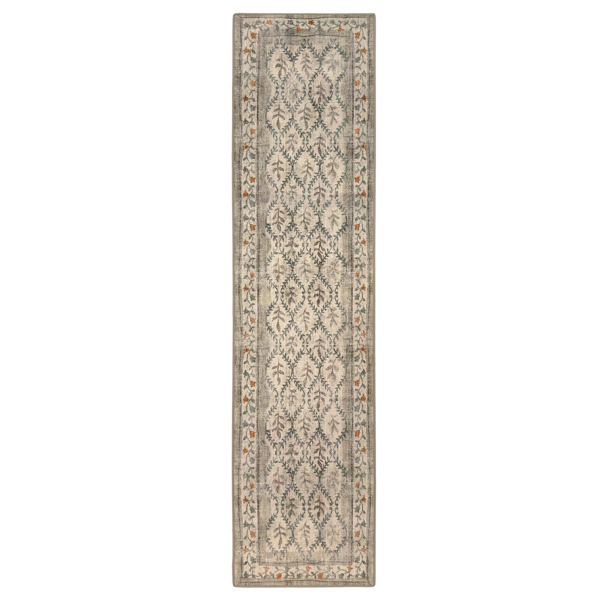 English Garden Eco-Washable Rug Runner- 100% recycled content runner featuring a vintage floral pattern.