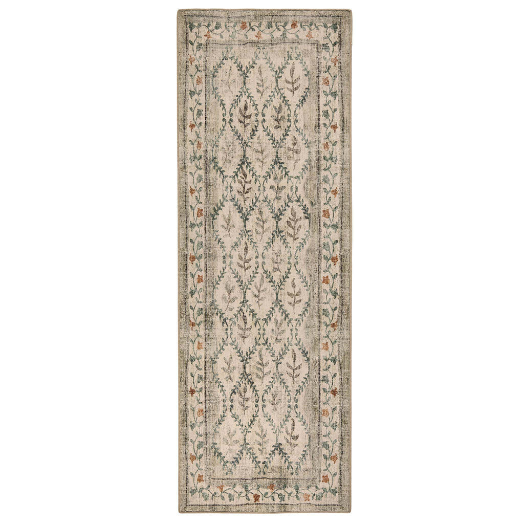 English Garden Eco-Washable Rug Runner- 100% recycled content runner featuring a vintage floral pattern.