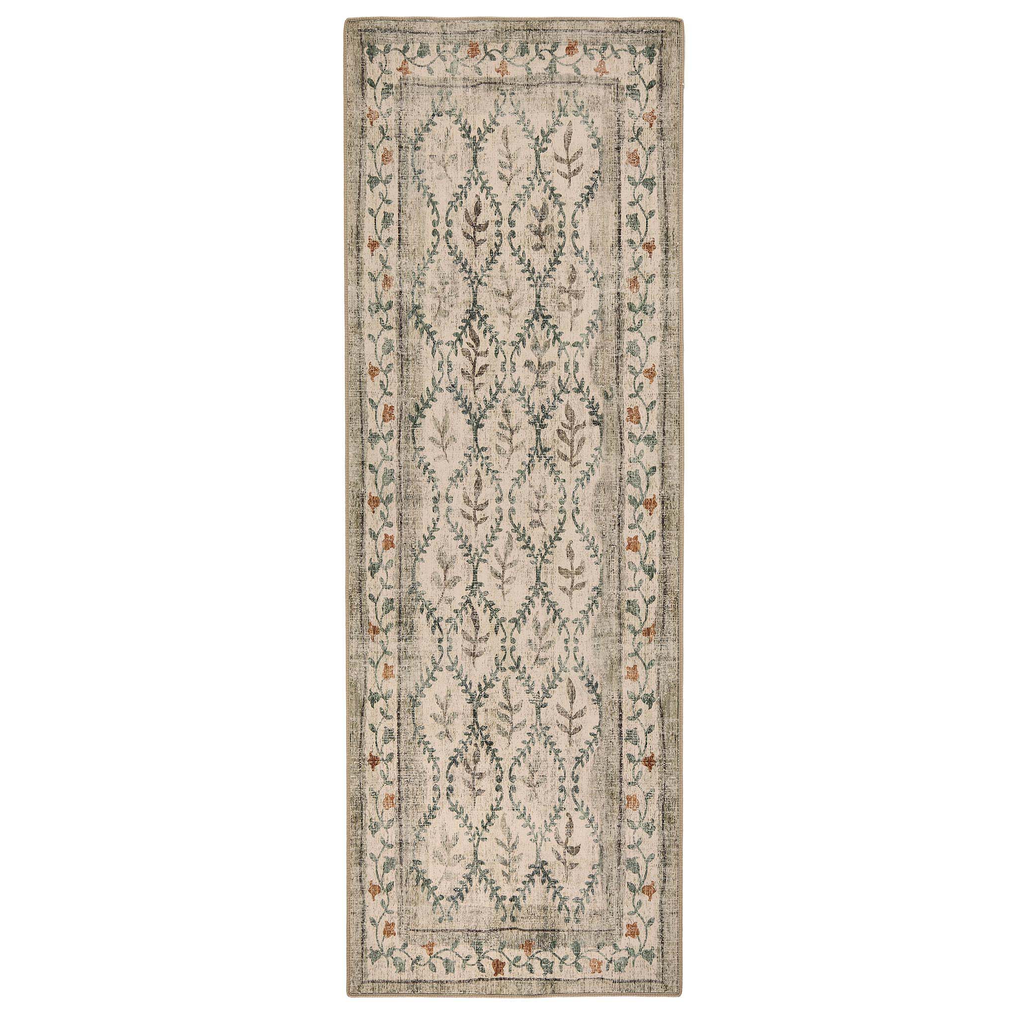 English Garden Eco-Washable Rug Runner- 100% recycled content runner featuring a vintage floral pattern.