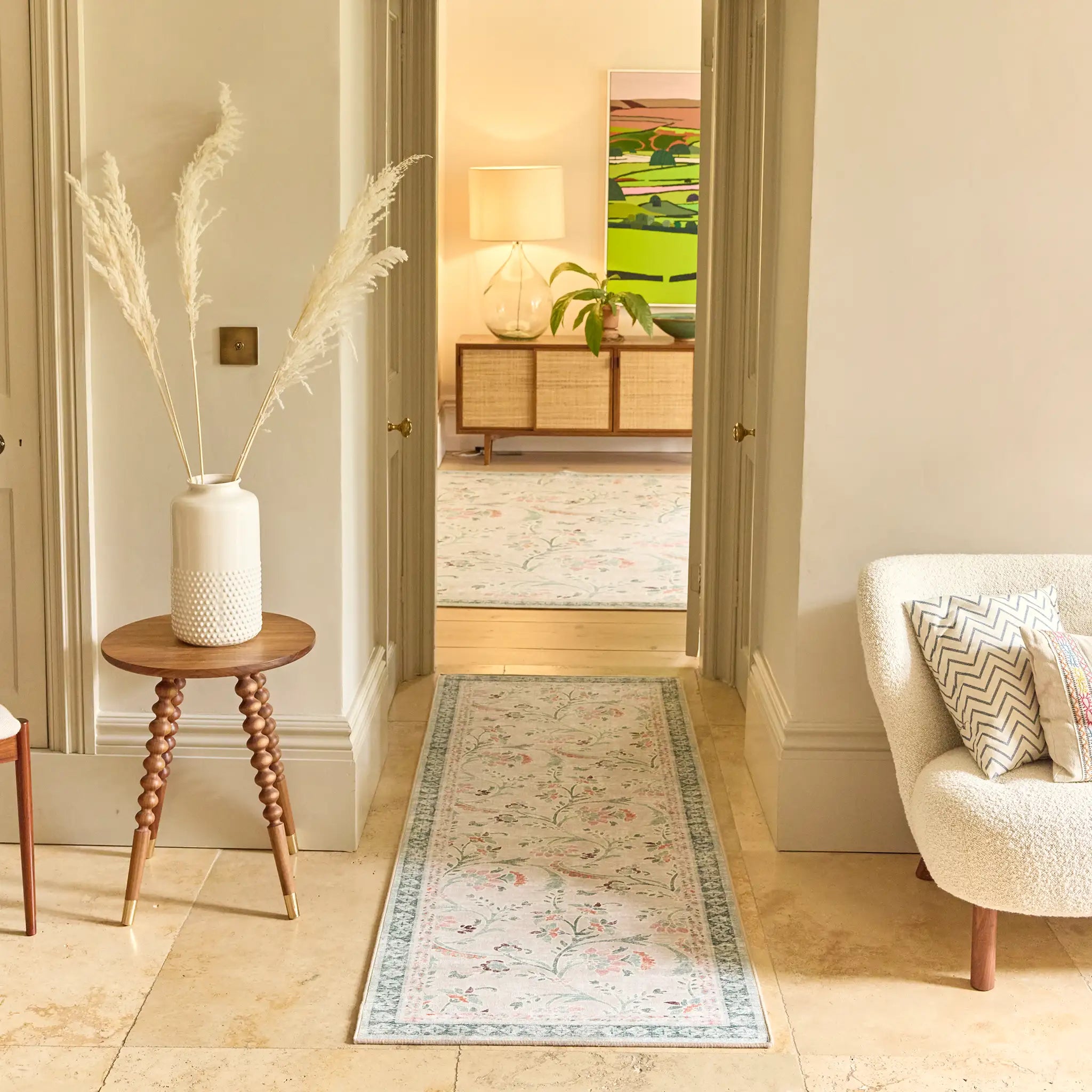 English Floral Eco-Washable Runner with a floral design, styled in a hallway.
