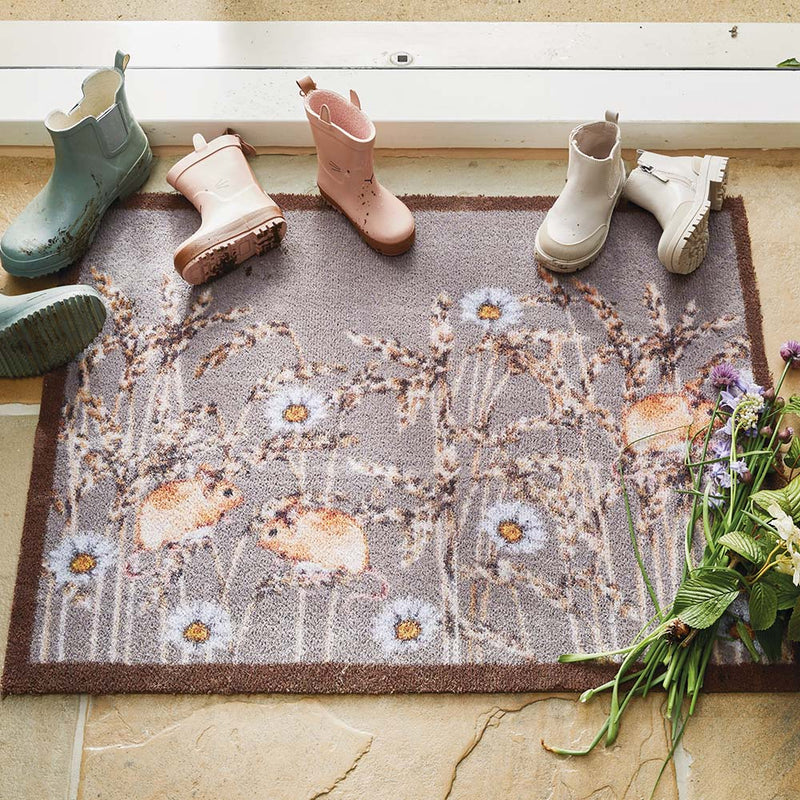 Field Mice 1 Washable Runner in dark grey- a 100% cotton runner featuring beige field mice among long grass and dandelions.