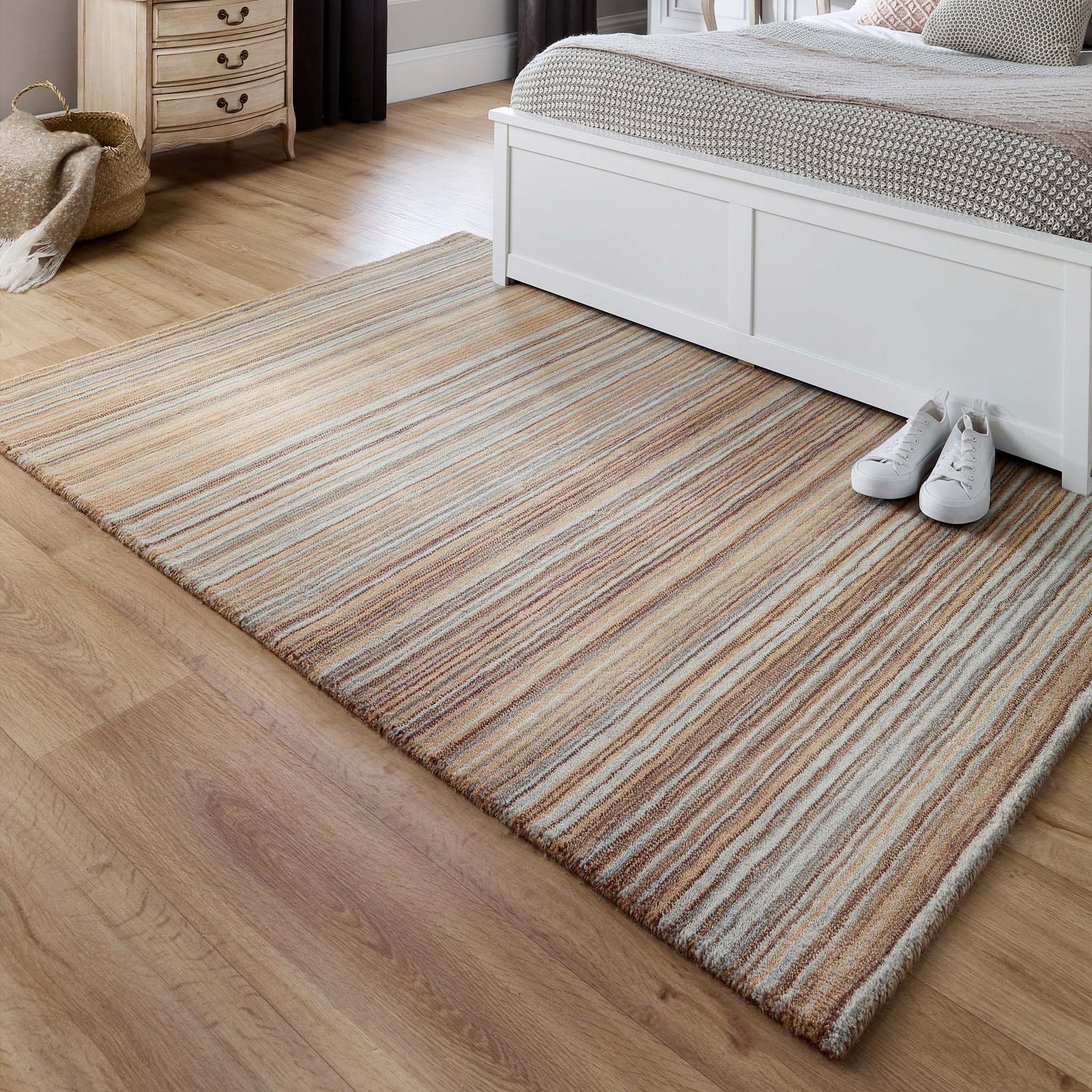 Fine Stripes Beige Rug - a 100% brown wool rug featuring a striped pattern. 