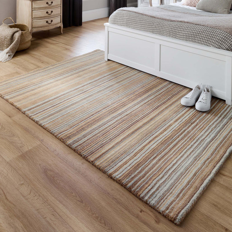Fine Stripes Beige Rug - a 100% brown wool rug featuring a striped pattern. 