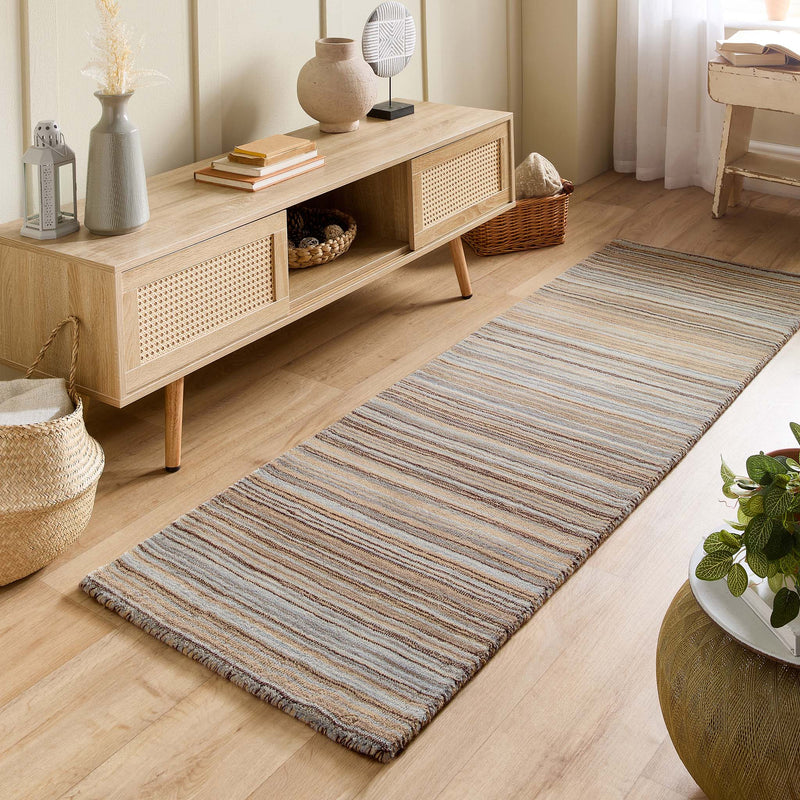 Fine Stripes Beige Runner  - a 100% brown wool runner featuring a striped pattern. 