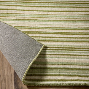 Green Fine Stripe Rug- 100% wool cut pile in green with a striped pattern.