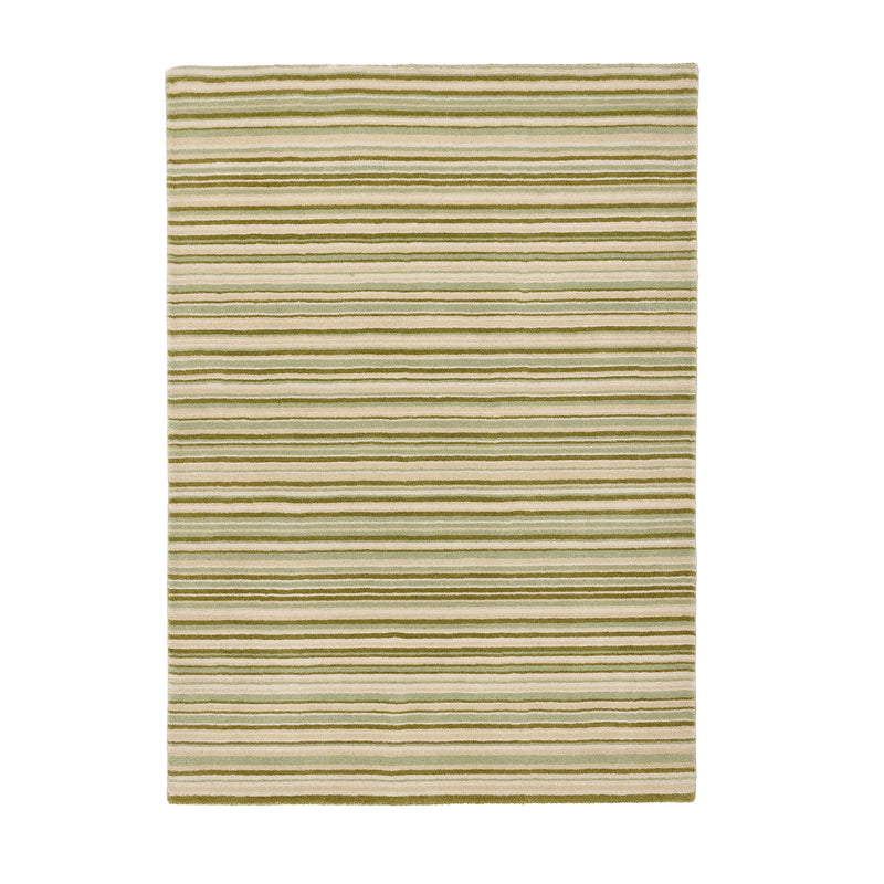 Green Fine Stripe Rug- 100% wool cut pile in green with a striped pattern.