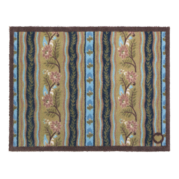 Floral Ribbon Motif Washable Doormat- a cotton doormat featuring wavy patterned blocks filled with lush green leaves and delicate floral motifs.