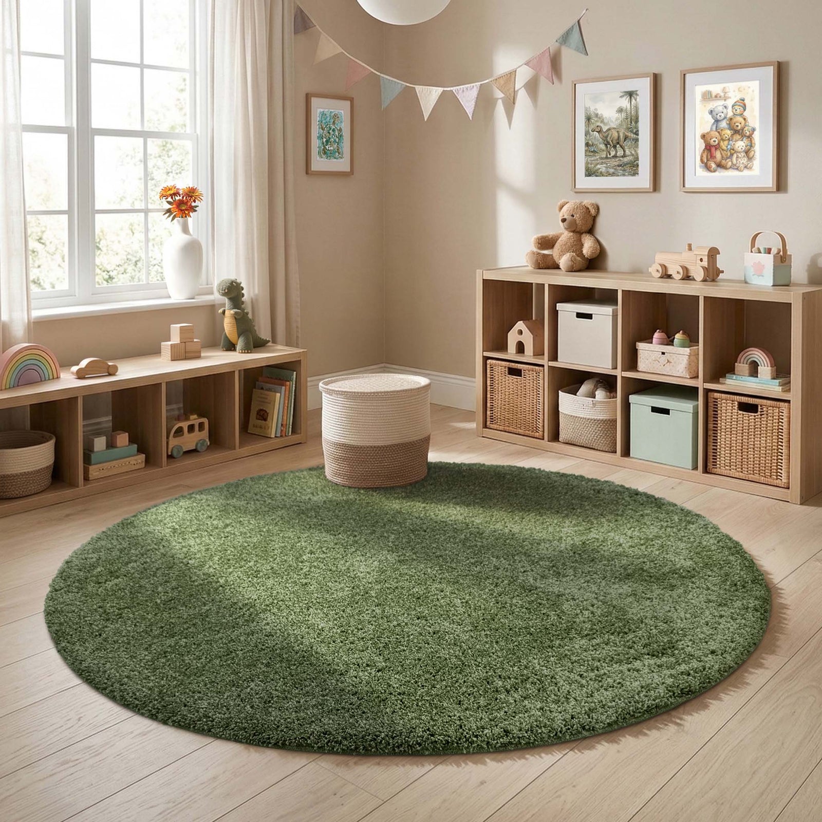My Rug Green shaggy rug styled in a nursery room. 