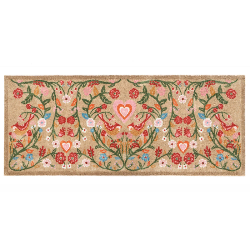 Garden Lovebirds Washable Runner- a 100% recycled cotton doormat featuring two lovebirds in shades of red, yellow, light pink, and cream, surrounded by floral vines. 