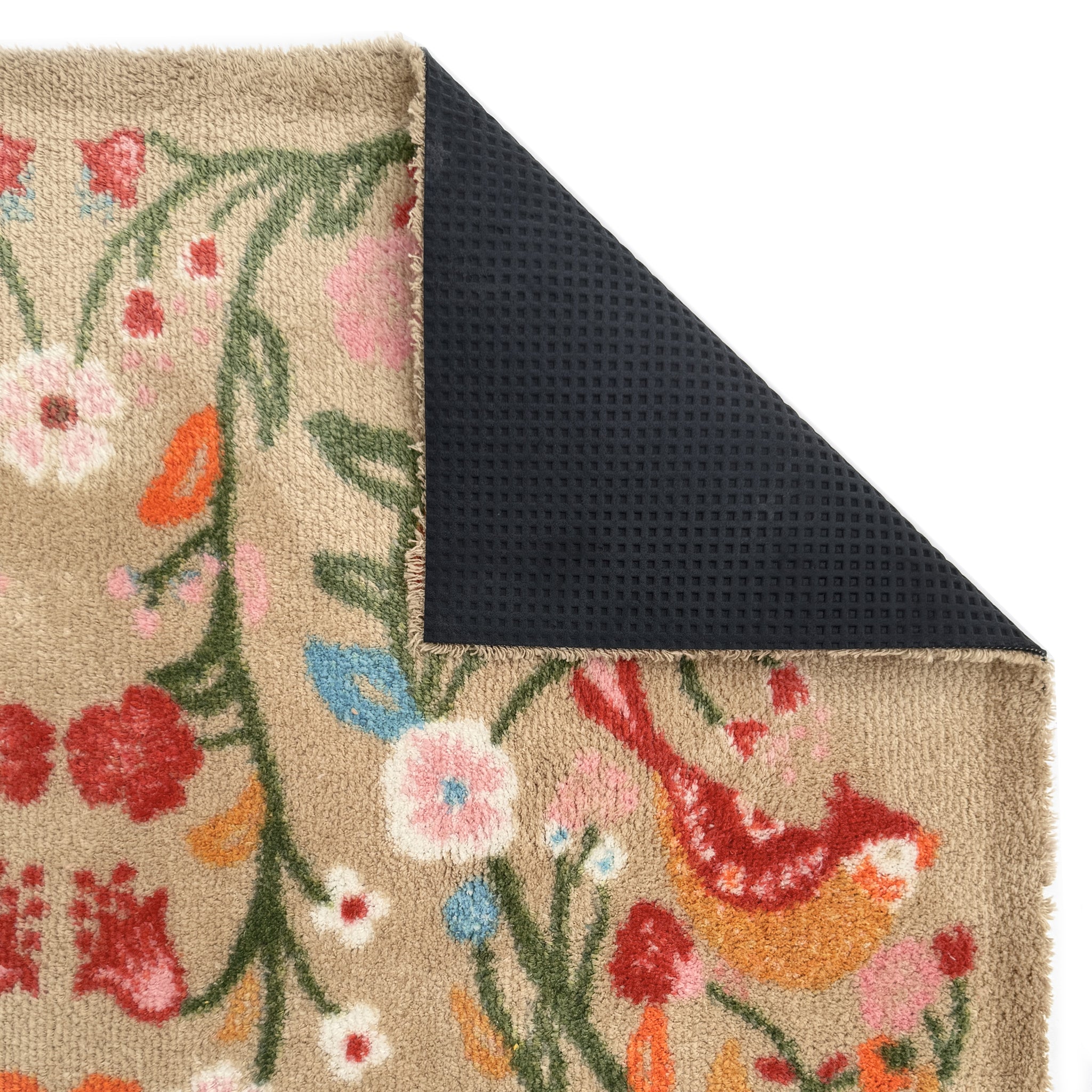 Garden Lovebirds Washable Runner- a 100% recycled cotton doormat featuring two lovebirds in shades of red, yellow, light pink, and cream, surrounded by floral vines. 