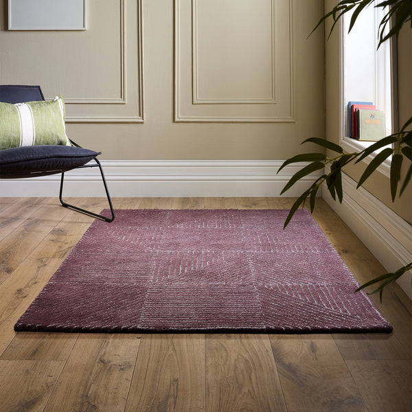 Geometric Rug- 100% Wool cut pile rug in Berry with a 3D pattern. 