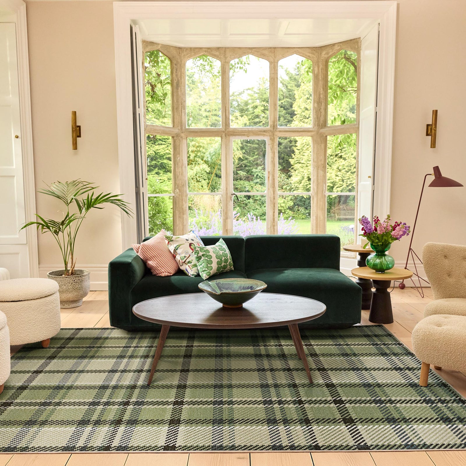 Isla Plaid Green Eco Washable Rug made from 100% recycled materials, featuring a green plaid design.