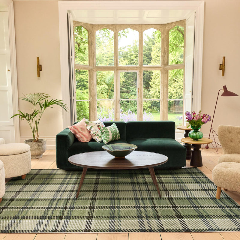 Isla Plaid Green Eco Washable Rug made from 100% recycled materials, featuring a green plaid design.