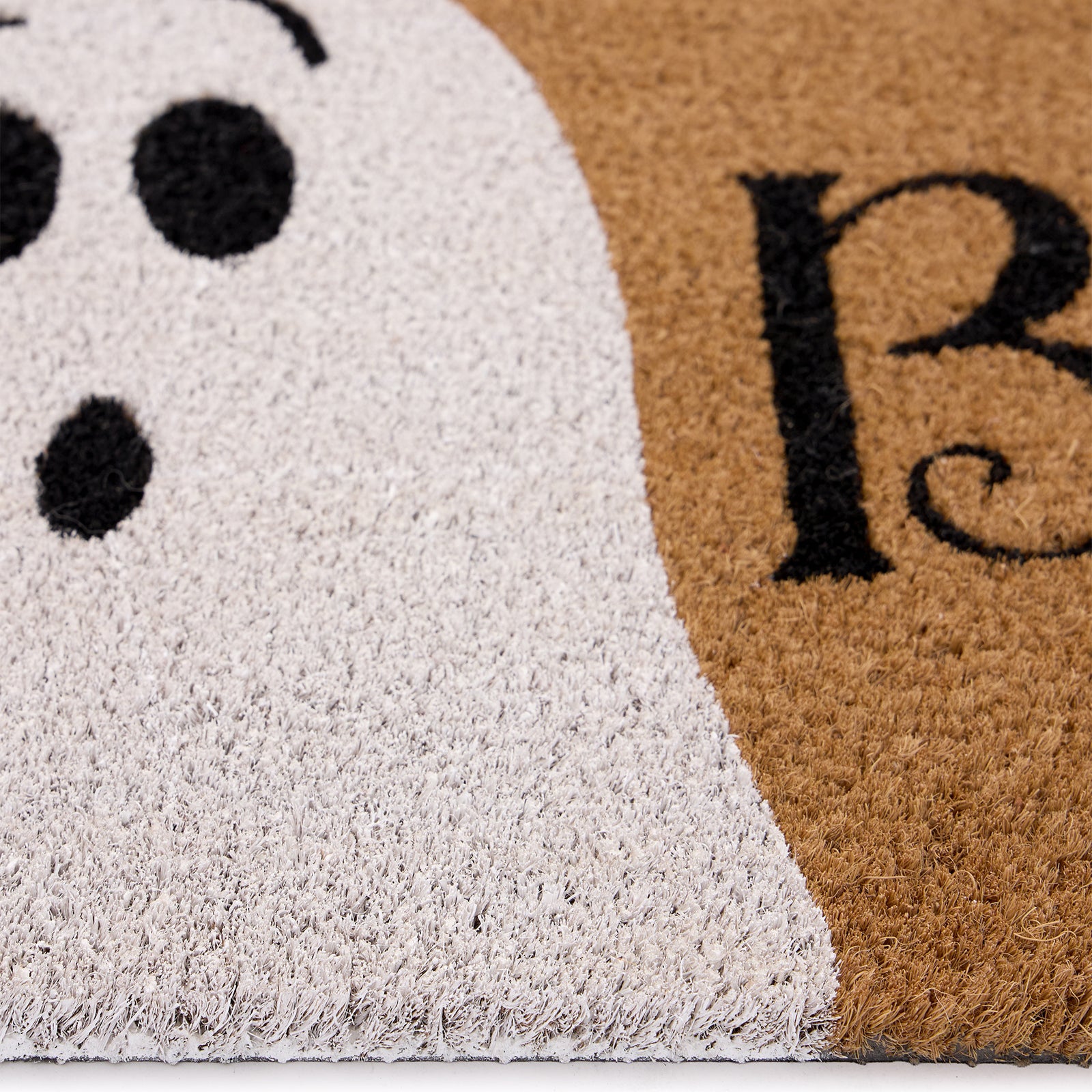 Close-up of the Halloween Boo Coir Doormat with a white ghost and the word 'boo!".