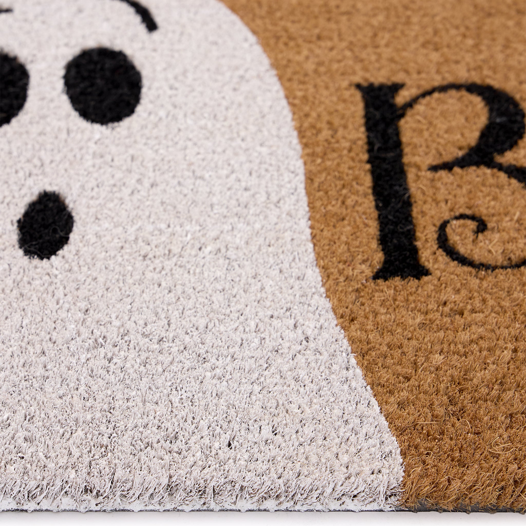 Close-up of the Halloween Boo Coir Doormat with a white ghost and the word 'boo!".