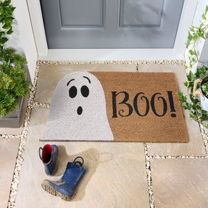Halloween Boo Coir Doormat, styled in a doorway