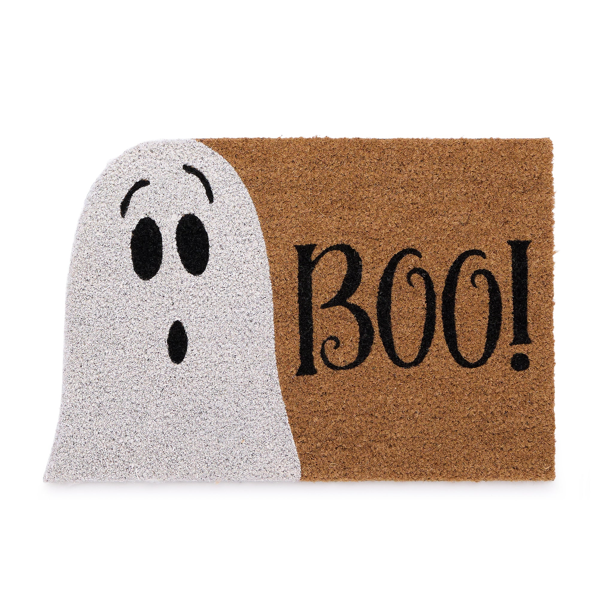 Halloween Boo Coir Doormat with a white ghost and the word 'boo!".