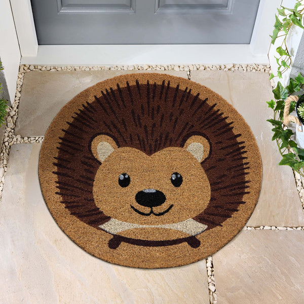 Hedgehog Circle Coir Doormat. Made from 100% natural coconut husk fibres featuring a circle hedgehog design. 