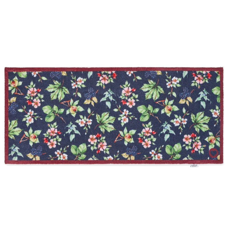 Hedgerow & Berries Washable Runner- 100% recycled cotton runner featuring dog rose, hazel and blackberries against a dark blue background. 